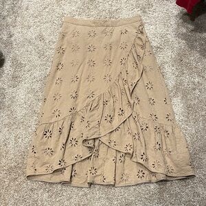Ann Taylor Beige Eyelet Midi Skirt Asymmetrical with belt tie